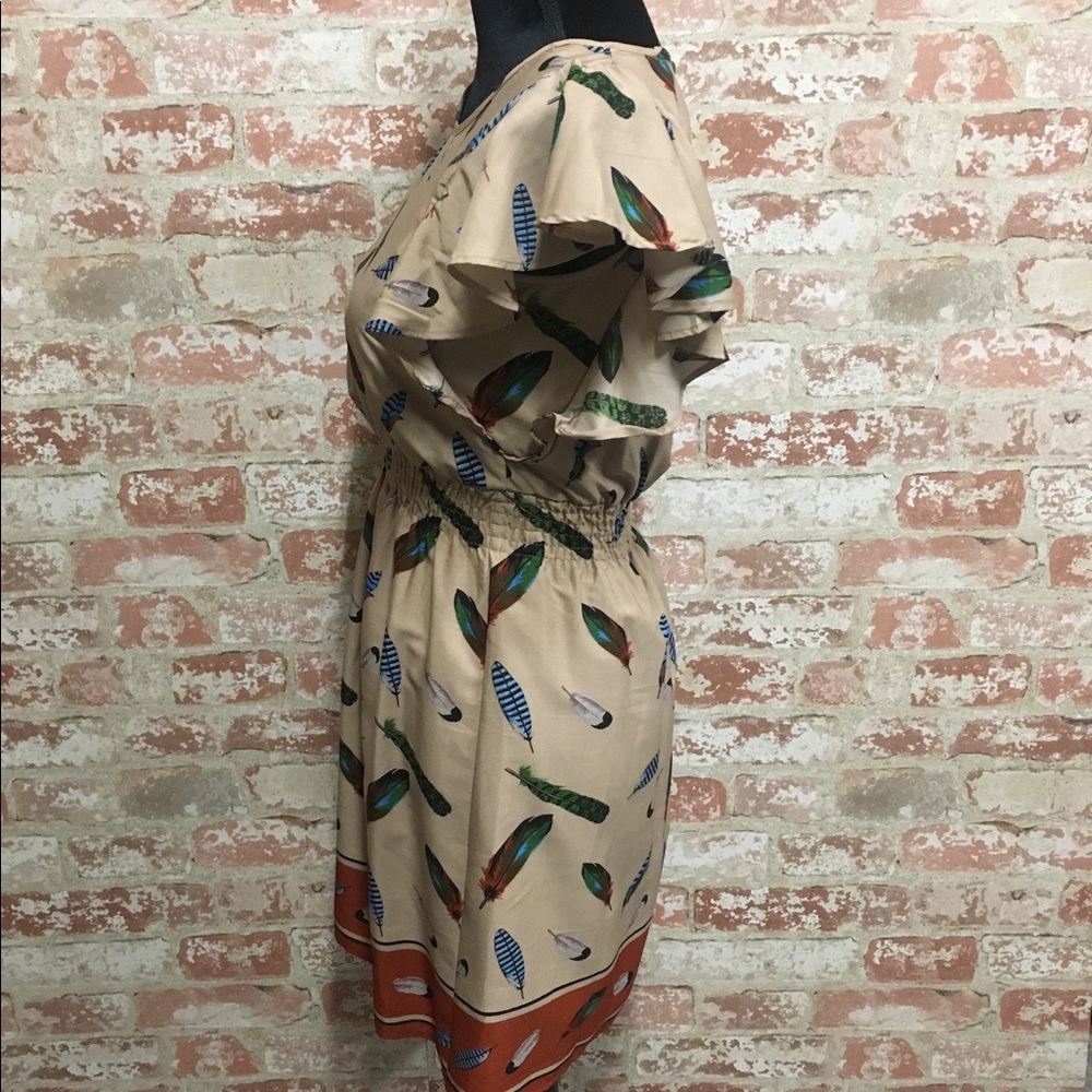 YUMI tan and brown feather print dress. - Picture 3 of 7